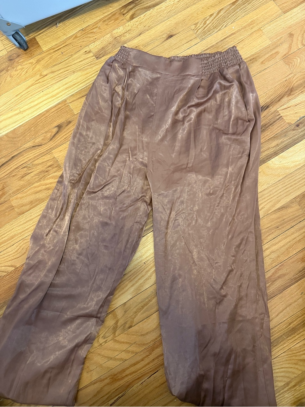 Aklani Smocked Waist Satin-Look Pants in Camel